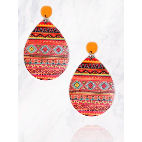 Orange Yellow Aztec Pattern Wooden Teardrop Drop Dangle Earrings - Picture 1 of 2